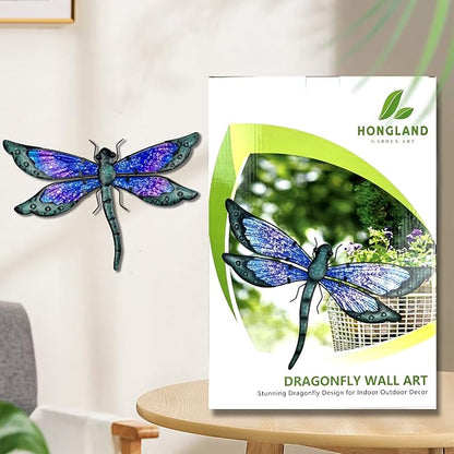 HONGLAND Metal Dragonfly Decor, Dragonfly Outdoor Wall Decor, Metal Wall Art, Wall Sculptures Gifts Hanging Decorations for Garden Yard Home-Blue 14 Inch