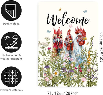 Floral Chicken Garden Flag 28x40 Double Sided Flower Rooster Farmhouse Yard Flag for Outside Welcome Decor