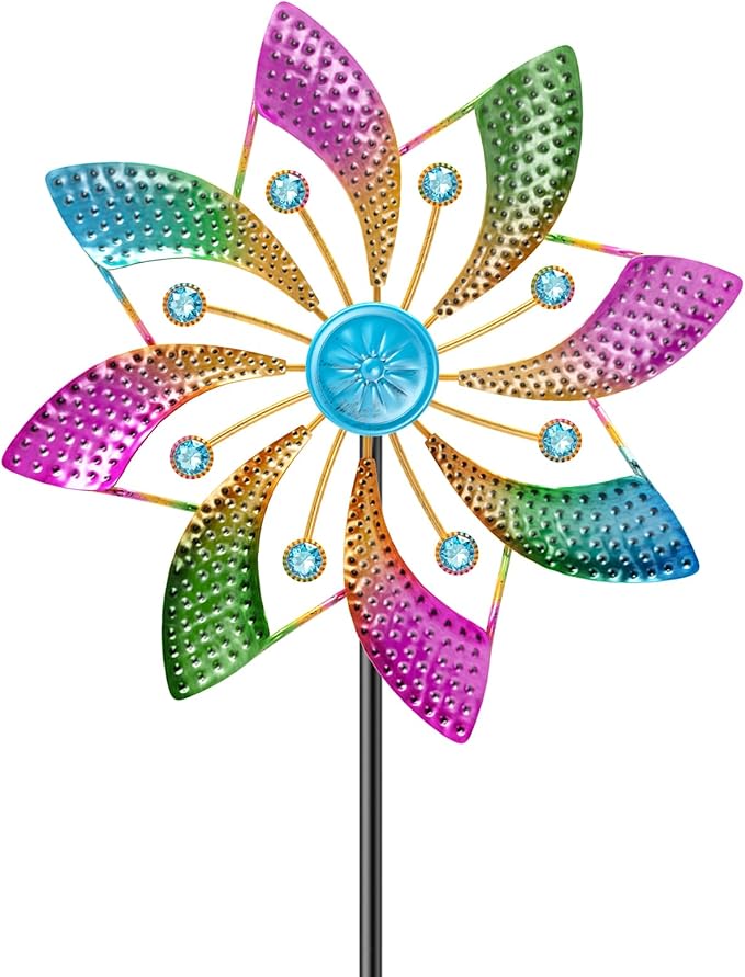 Colorful Outdoor Wind Spinner, Kinetic Small Garden Windmill with Stake, Geometric Metal Pinwheels for Yard Patio Art Decor(B-Colorful-1PCS)