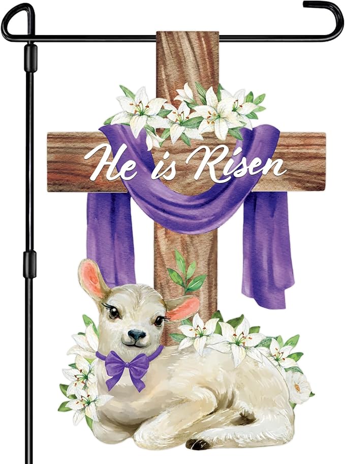 He is Risen Easter Decorations Cross Garden Banner Double-Sided Printed Flag Sheep Yard Flags Bunting Outdoor House Yard Rise Christian Jesus Lily Flowers Spring Seasonal Decoration