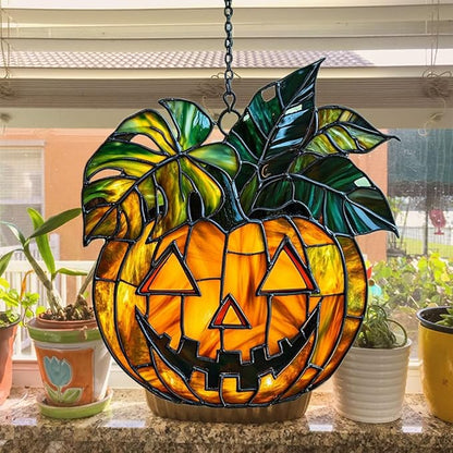 Monstera Jack-o'-Lantern Acrylic Suncatcher Stained Glass Effect Window Car Hanging Christmas Ornament Indoor Outdoor Decor Garden Sun Catcher Panel for Monstera Lover for Women Mom Grandma