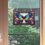 Stained Glass Style Rectangular Window Hanging Decor - Acrylic Colorful Butterfly & Flower - Suncatchers for Bedroom, Garden, Ideal for Home Decoration for Butterfly Lovers