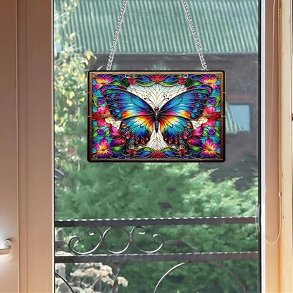 Stained Glass Style Rectangular Window Hanging Decor - Acrylic Colorful Butterfly & Flower - Suncatchers for Bedroom, Garden, Ideal for Home Decoration for Butterfly Lovers