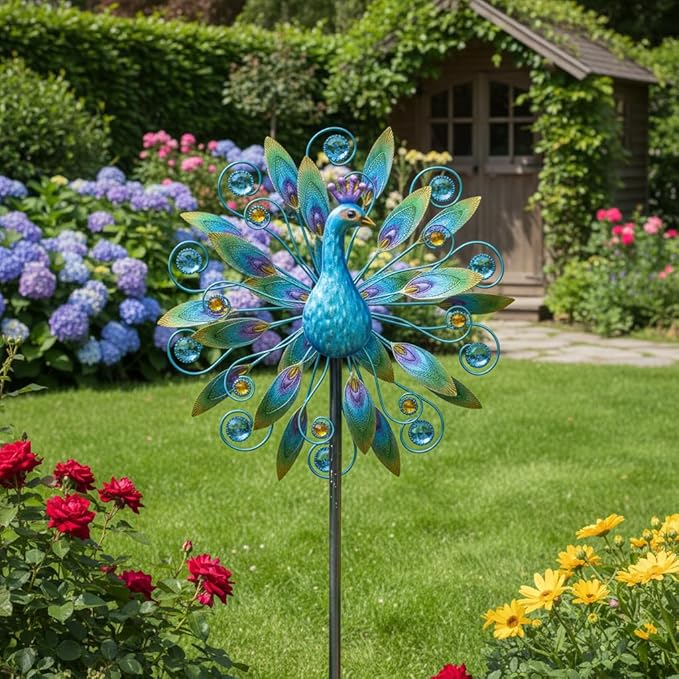 Outdoor Wind Spinner 58" Metal Peacock Wind Spinner Double Peacock Wind Sculpture for Garden Yard Patio Decoration