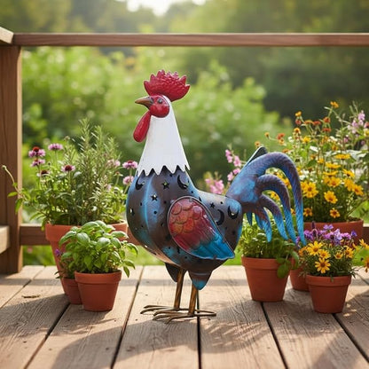 LIFFY Metal Rooster Yard Decor,18" Rooster Outdoor Decor with Solar Lights,Chicken Home Decorative Ornaments,Garden Statues for Outside Patio Backyard Landscape Lawn