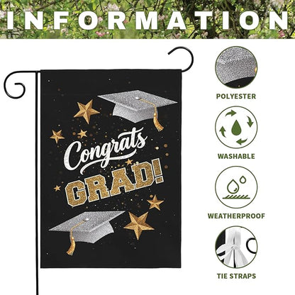Congrats Grad Garden Flag Graduation Yard Flags Class of 2025 College Graduations Double Sided Graduational Cap Stars Black Gold House Banner for Lawn Porch Patio Yard Party Decor 12 x18 Inch