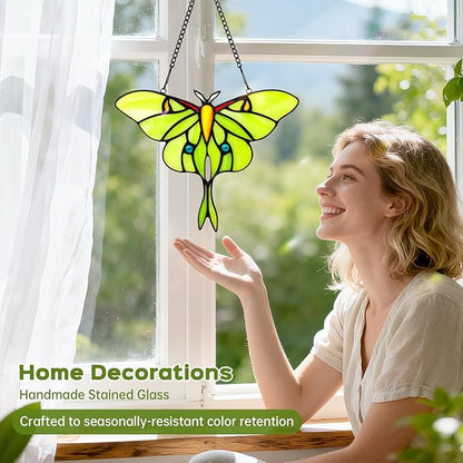 Luna Moth Sun Catcher Stained Glass Window Hanging for Mother's Day, IDEA SHOW 7.3Inch Handmade Real Glass Suncatcher Ornaments, Elegant Green Butterfly Memorial Gifts for Women, Mom, Grandma
