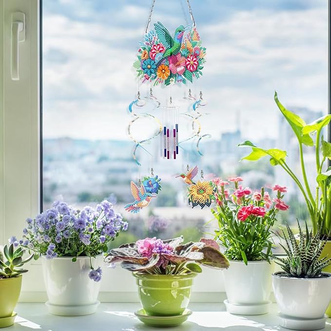 DIY Wind Chime Pendant Spring 3D Diamond Art Painting Hanging Ornament Double Sided Diamond Suncatchers for Window Home Backyard Garden Wall Door Decor-Hummingbird