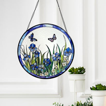 Butterflies and Blue Iris Stained Glass Suncatcher, Handmade Window Hanging Wall Art with Chain, Real Glass Indoor Home Decor, Unique Sun Catcher Gift for Women, Christmas, 5.9”