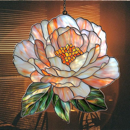 Pastel Pink Peony Acrylic Suncatcher Stained Glass Effect Window Car Hanging Christmas Ornament Indoor Outdoor Decor Garden Sun Catcher Panel for Peony Lover for Women Mom Grandma