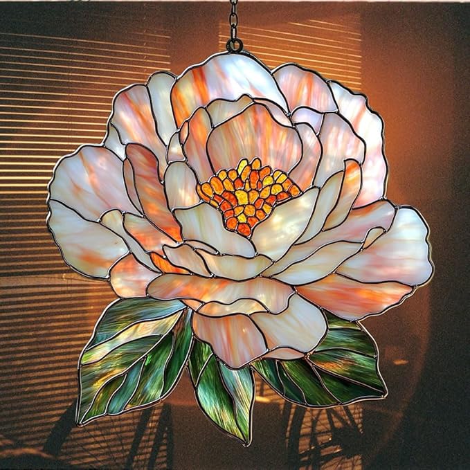 Pastel Pink Peony Acrylic Suncatcher Stained Glass Effect Window Car Hanging Christmas Ornament Indoor Outdoor Decor Garden Sun Catcher Panel for Peony Lover for Women Mom Grandma