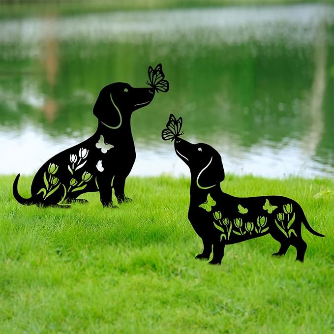 Dachshund Metal Decorative Garden Stakes for Memorial Yard Art, Lawn Ornaments,Outside, Patio, Outdoor Decor, Garden Decorations 2 PCS