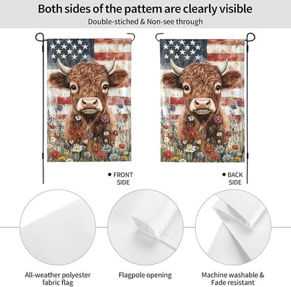 Wildflowers Highland Cow Garden Flags 12×18 Inch American Flag Double Sided Decorative Yard Banner for Outdoor Outside Decor