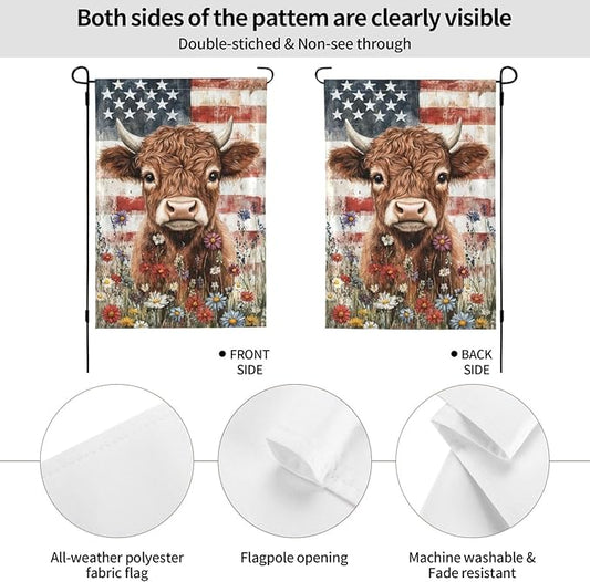 Wildflowers Highland Cow Garden Flags 12×18 Inch American Flag Double Sided Decorative Yard Banner for Outdoor Outside Decor