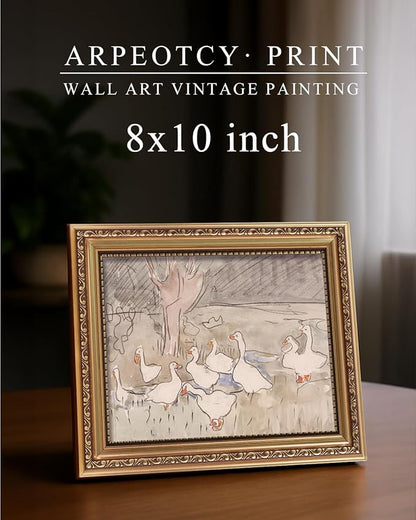 ARPEOTCY Vintage Gold Framed Wall Art, Nursery Duck Paintings, 8x10 inch Small Aesthetic Canvas Picture Prints Artwork with Frame, Victorian Wall Decor for Living Room Bathroom Bedroom Shelf