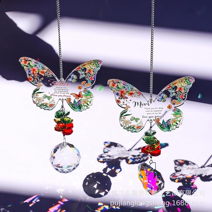 Butterfly Crystal Suncatcher Gifts for Mom, Sister, Birthday, Mothers Day, Thanksgiving, Hanging Ornament, Indoor Outdoor Garden Patio Decor