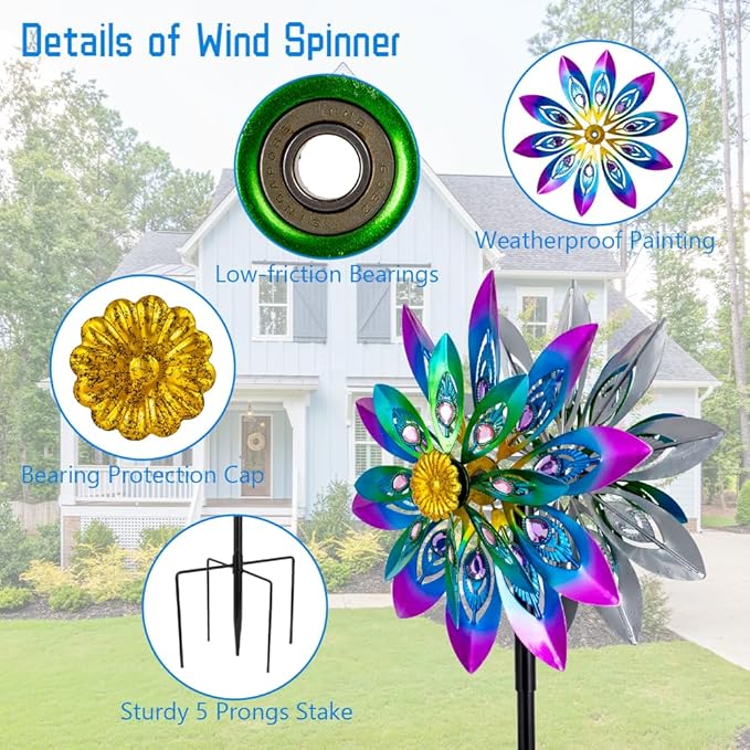 360° Metal Wind Spinner Outdoor,13" Kinetic Wind Sculptures for Yard and Garden with Metal Stak,Large Waterproof Pinwheels Gift for Women, Mom, Grandama