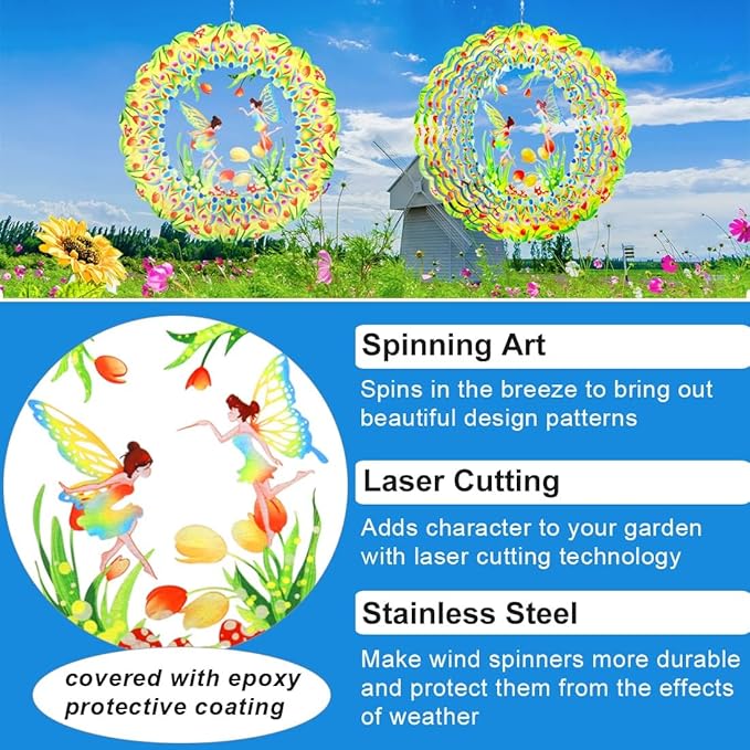 Wind Spinner Fairy Flower Hanging, 12In Stainless Steel Spinfinity Wind Spinner, Wind Chimes for Outside, 3D Kinetic Sculpture Suncatcher, Metal Yard Art Ornament, Outdoor Garden Decor, Nana Gifts