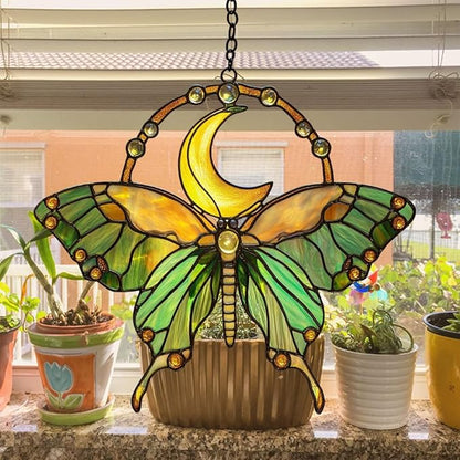 Cresent Luna Moth Acrylic Suncatcher Stained Glass Effect Window Car Hanging Christmas Ornament Indoor Outdoor Decor Garden Sun Catcher Panel for Butterfly Lover for Women Mom Grandma