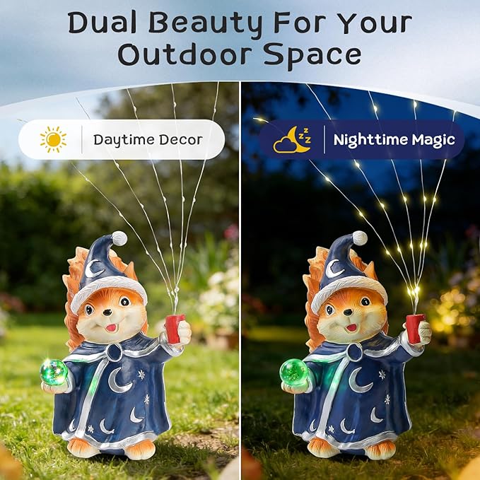 HUYIENO Solar Garden Statue 9.7" Outdoor Decor with LED Firefly String Lights, Waterproof Solar Powered Figurine for Patio, Yard, Lawn, Porch, Halloween, Housewarming Mom & Birthday Gift Squirrel