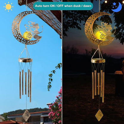 Solar Wind Chimes Moon Fairy Hanging Outdoor Decor Crackle Glass Ball Warm Memorial Wind Chimes Light Patio Lawn Yard Gardening Gift for mom for Grandma Gifts Christmas Decorations