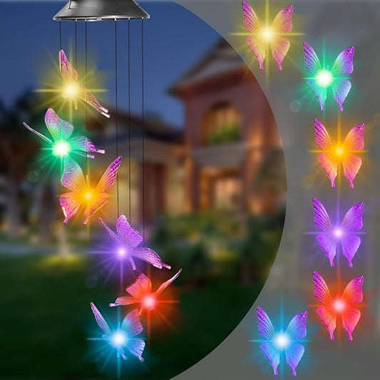 Bursvik Butterfly Solar Wind Chimes, Automatic Color Changing Hanging Solar Lights for Outside,IPX65 Waterproof Mobile Hanging Decorative for Garden Patio Yard,Birthday Gifts for Mom Women