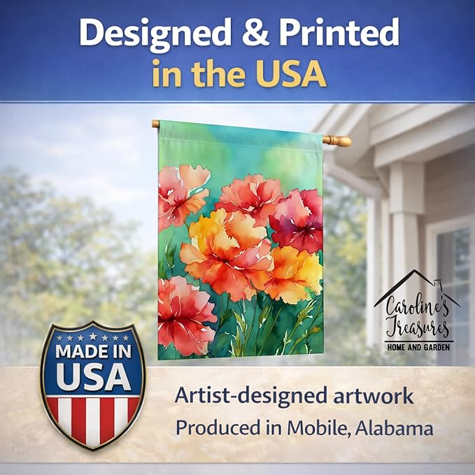 Caroline's Treasures Ohio Scarlet Carnations in Watercolor House Flag Large Porch Sleeve Pole Decorative Outside Yard Banner Artwork Wall Hanging, Polyester, House Size, Multicolor