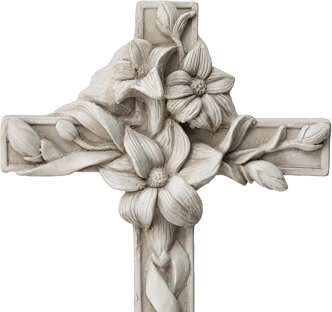 Glitzhome Holy Cross with Lily Garden Statue MGO Outdoor Decoration, 13.75" H, Ash Gray