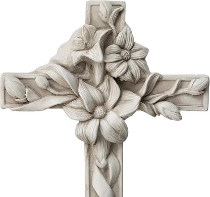 Glitzhome Holy Cross with Lily Garden Statue MGO Outdoor Decoration, 13.75" H, Ash Gray