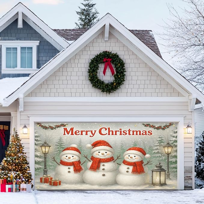 HOMETITUTE 13x6ft Christmas Garage Door Banner Snowman Banner Christmas Backdrop Outdoor Indoor Xmas Garage Door Cover Large Holiday Wall Backdrop for Yard Porch Seasonal Decoration