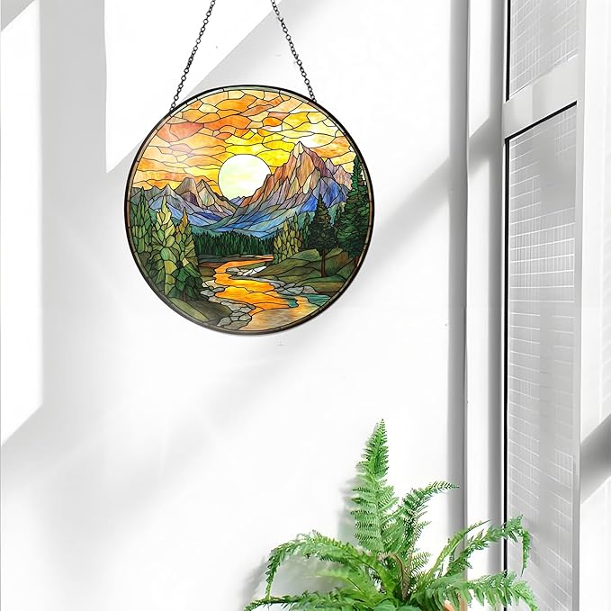 Bimkole Scenery Stained Glass Suncatcher Window Hanging - Rivers Indoor Window or Doorway Decoration - Handmade Sun Catcher Decor for Garden Home Christmas & Birthday Gifts 7.87x7.87 inch