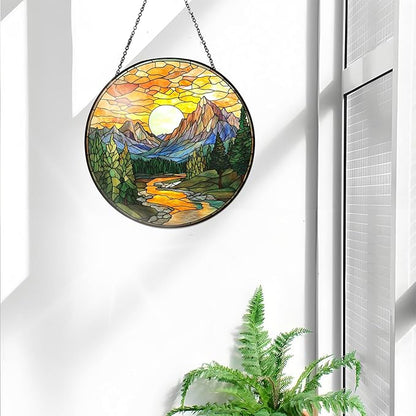 Bimkole Scenery Stained Glass Suncatcher Window Hanging - Rivers Indoor Window or Doorway Decoration - Handmade Sun Catcher Decor for Garden Home Christmas & Birthday Gifts 7.87x7.87 inch