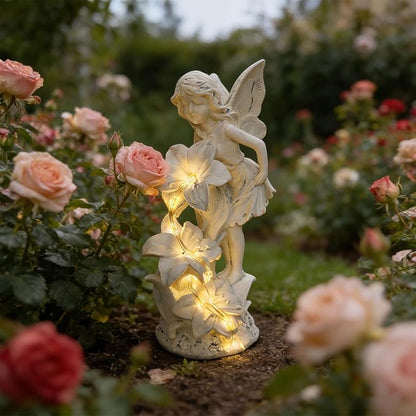Angel Figurines Garden Statue, Solar Powered Outdoor Angel Statue Decor for Patio Lawn Yard Balcony, Waterproof Resin Angel Sculpture, Memorial Gift for Mom Mother Grandma (Gray)