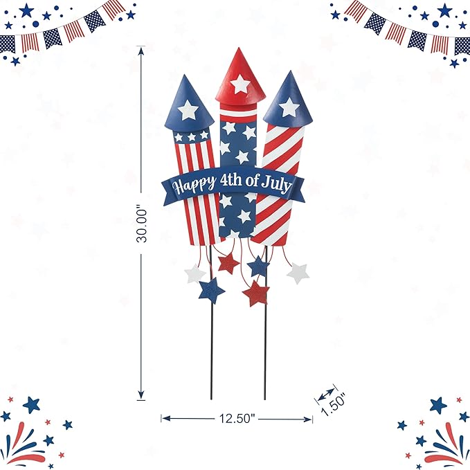 Glitzhome 30" H Patriotic Firecracker Yard Stake or Wall Décor,Happy 4th of July American Rocket Garden Sign for Independence Day Outdoor Lawn Patio Decor