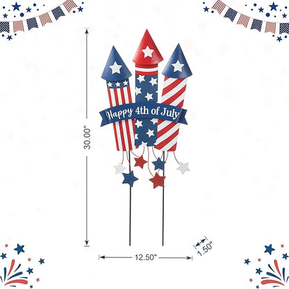 Glitzhome 30" H Patriotic Firecracker Yard Stake or Wall Décor,Happy 4th of July American Rocket Garden Sign for Independence Day Outdoor Lawn Patio Decor
