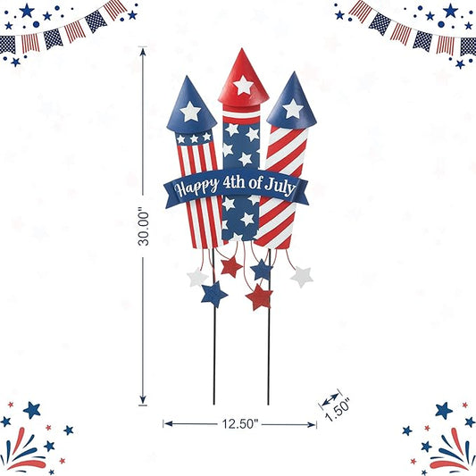 Glitzhome 30" H Patriotic Firecracker Yard Stake or Wall Décor,Happy 4th of July American Rocket Garden Sign for Independence Day Outdoor Lawn Patio Decor