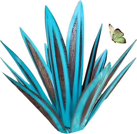 Outdoor Garden Metal Yard Art: Metal Agave Plants Outdoor Decor, Lawn Ornaments for Outside, Large Leaf Enlarge Thickened Artificial Agave Plant, for Outdoor Garden Yard Sculpture Decor (Sky Blue)