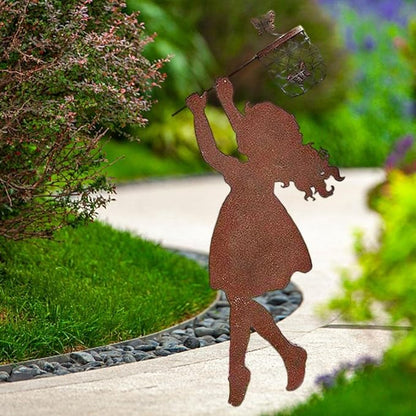 Iron Metal Weatherproof Butterfly Standing Silhouette Art Sculpture Statue for Garden, Girl