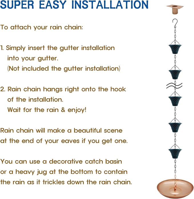 [Upgraded] 8.5FT Antique Sky Blue Colored Iron (Double-Sided) Rain Chains for Gutter and Rain Barrel, Rust-Resistant Plated Garden Décor Rain Chain for Downspout (not Included an Adapter)