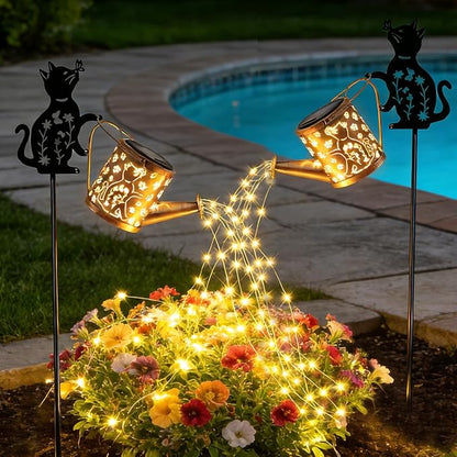 2 Pcs Solar Watering Can with Light, Outdoor Solar Cat Garden Decorative,Featuring Metal Cat Silhouette Stake, Gift for Women, Outdoor Waterproof,for Landscape,Lawn, Garden Path Decor