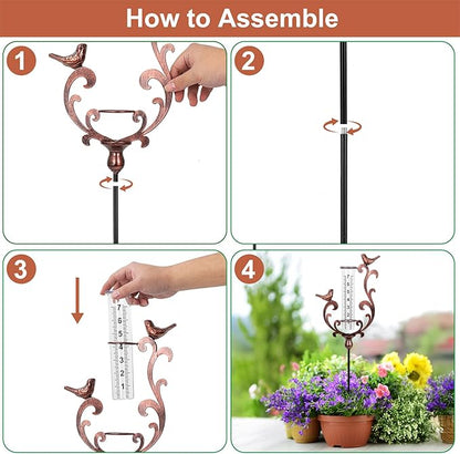 Rain Gauge Outdoor, Cast Iron Bird Rain Gauge - 7" Capacity Plastic Rain Gauge Freeze Proof with Metal Stake Decorative for Garden Yard Patio & Lawn with Large Readable Numbers