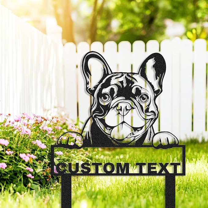 Personalized French Bulldog Garden Sign with Stakes, Custom Dog House Decor Metal Yard Stake Welcome Sign for Outdoor Patio Lawn Art Farmhouse Decorative Garden Plaque Housewarming Gift