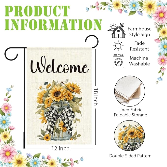 Spring Sunflower Garden Flag for Outside,Welcome Spring Garden Flag Yard Lawn Porch Flags for Outdoor Decorations 12x18 Inch Double Sided