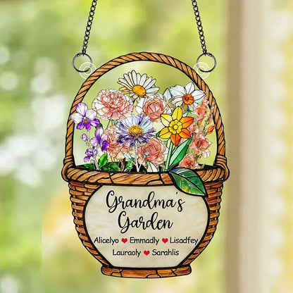Personalized Grandmas Garden Stained Glass Acrylic Suncatchers, Custom Name Birth Month Flowers Window Hanging Ornament, Mothers Day Christmas Birthday Gifts for Grandma Mom Nana Mimi (Style 06)