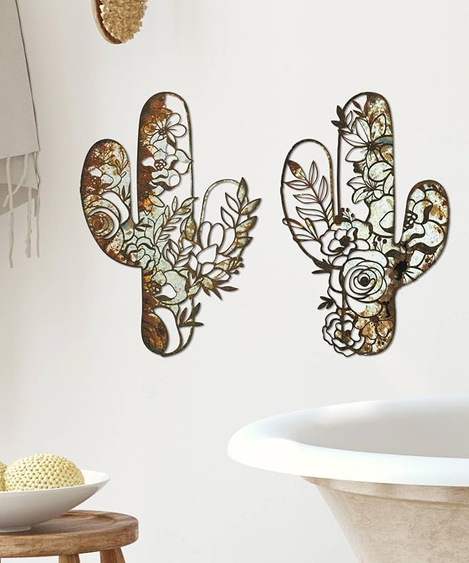 Putuo Decor Cactus Wall Art Set of 2, Rustic Flower Cactus Wall Decor, Floral Nature-Inspired Metal Wall Art for Living Room, Bedroom, Bathroom, Boho Style, 12.2 x 4.6 inches