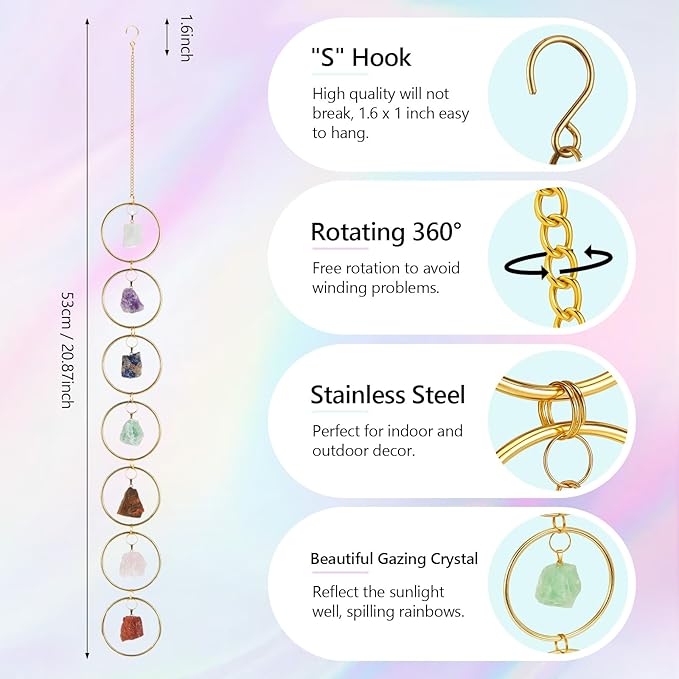 Thyle Healing Crystal Wind Chimes for Outside Window 7 Chakra Hanging Crystal Sun Catchers for Easter Indoor Outdoor Home Wall Decor Birthday Gifts(Rough Stone Style)