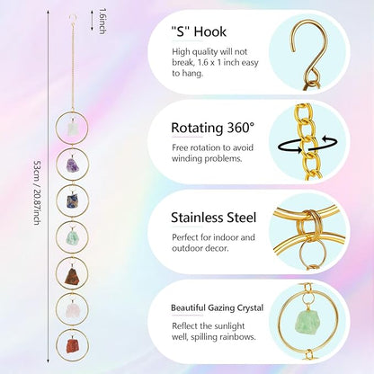 Thyle Healing Crystal Wind Chimes for Outside Window 7 Chakra Hanging Crystal Sun Catchers for Easter Indoor Outdoor Home Wall Decor Birthday Gifts(Rough Stone Style)