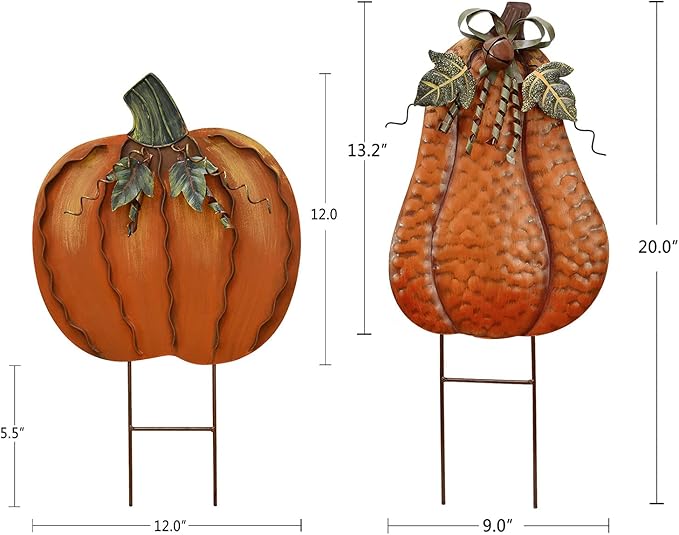 Morning View Pumpkin Garden Stakes Metal Yard Sign Fall Decor Outdoor Autumn Yard Stake Art Pumpkin Lawn Ornaments for Patio Porch Thanksgiving Halloween Harvest 17.5 Inches Tall Set of 2