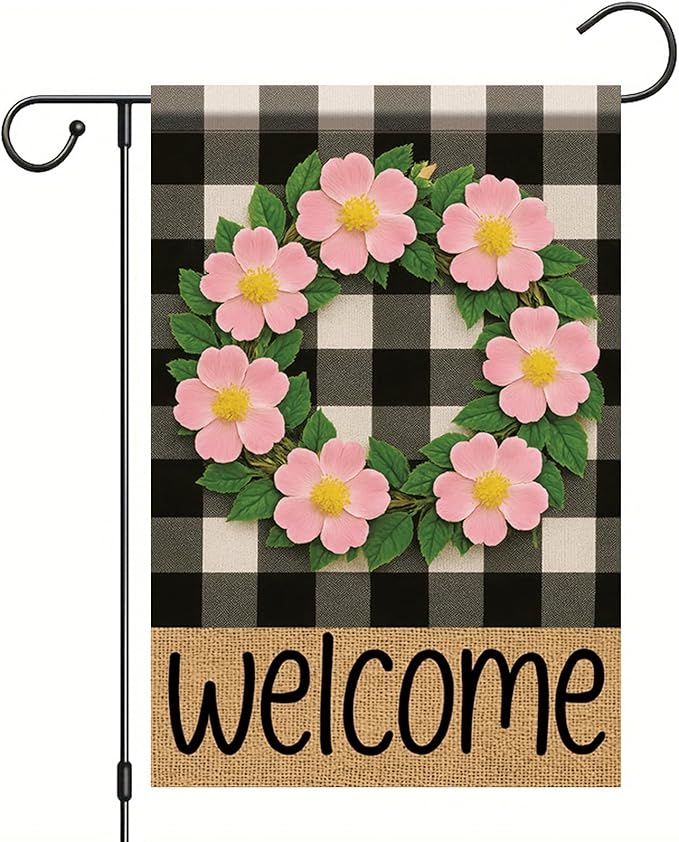 Buffalo Plaid Welcome Wreath Garden Flag Pink Wild Rose Flower Flag 12x 18 Inch Double Sided Spring Outdoor Fall Autumn Farmhouse Outdoor Small Decor for Porch Lawn Patio Yard
