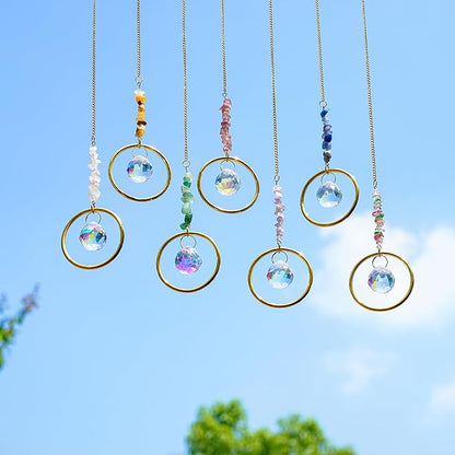 HDCRYSTALGIFTS 7PCS Crystal Suncatchers Rainbow Maker Healing Crystals for Window Prism Balls Indoor Outdoor Hanging Ornament Pendant Decor for Home, Garden, Wedding, Christmas Tree (12inch)